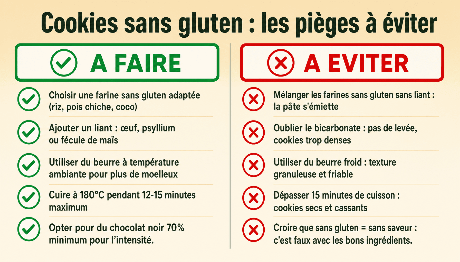 Infographie des erreurs courantes et bonnes pratiques pour réussir ses cookies sans gluten maison