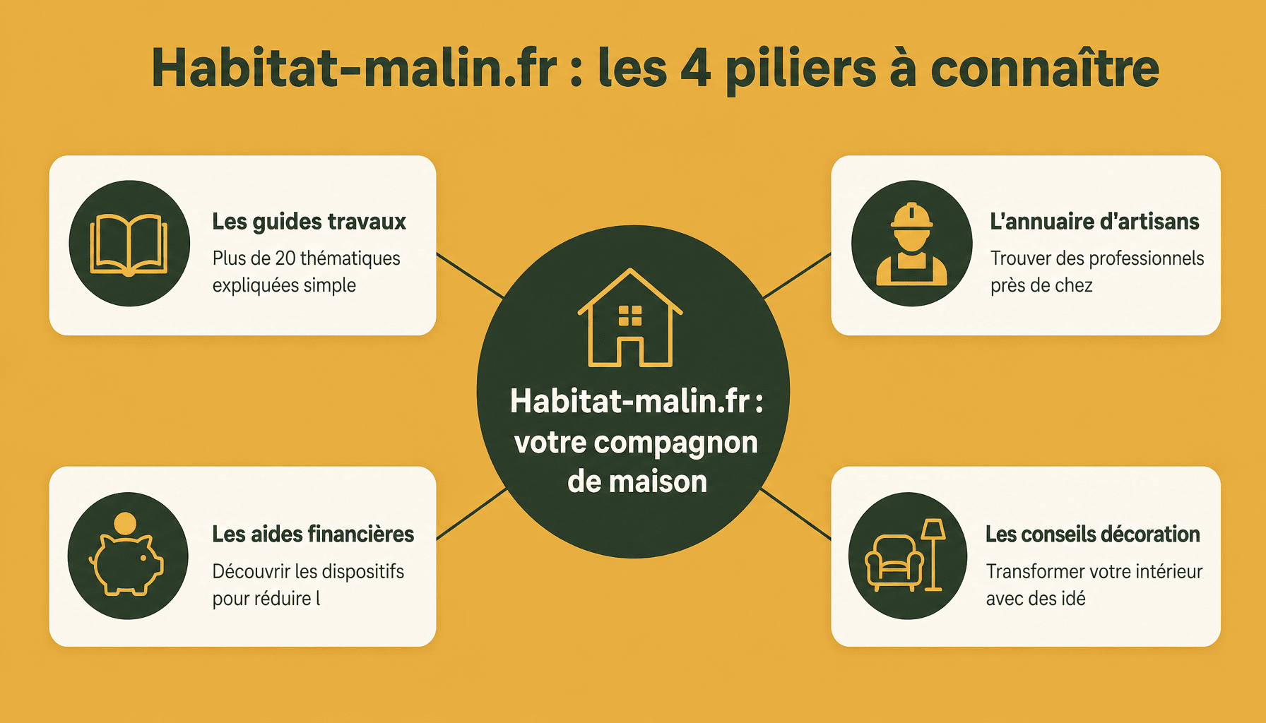 Infographie habitat-malin.fr : guides travaux, annuaire artisans, aides financières, conseils décoration pour débutants