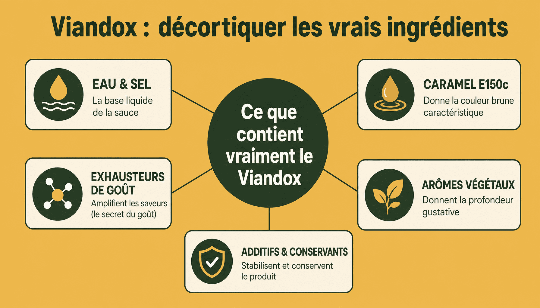 Infographie viandox composition : eau, sel, caramel, exhausteurs de goût et arômes végétaux expliqués simplement