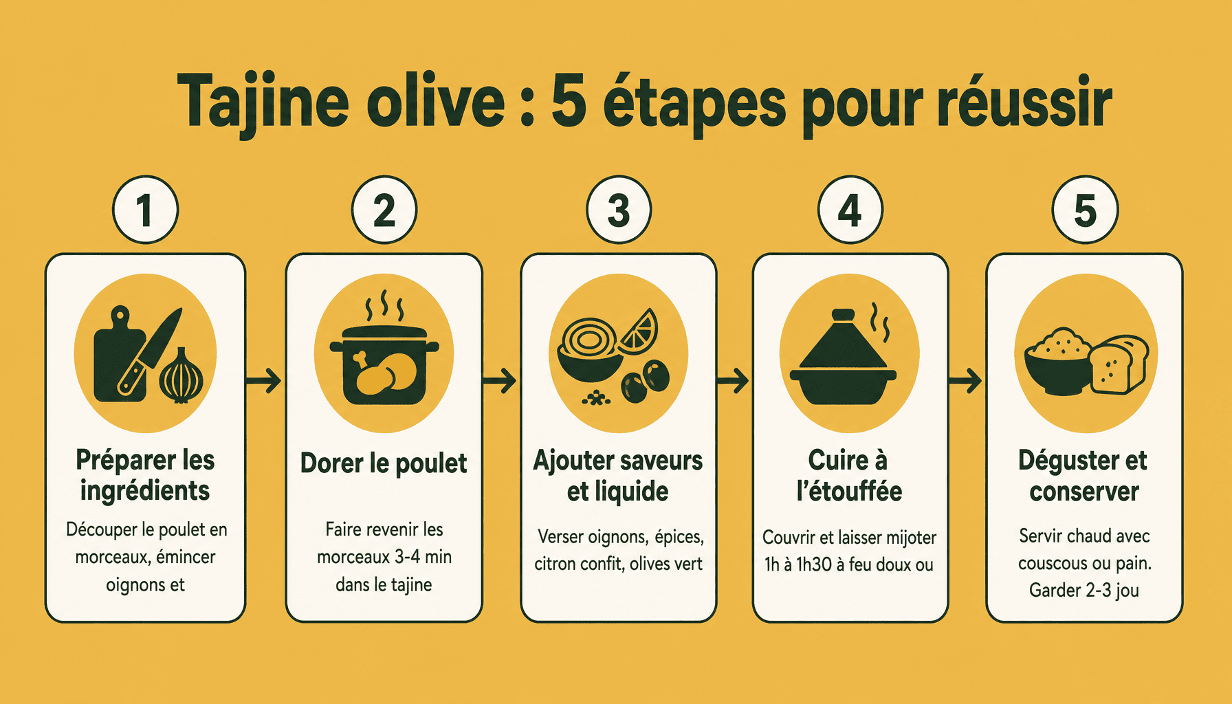 Infographie 5 étapes pour préparer et cuire un tajine olive poulet marocain authentique