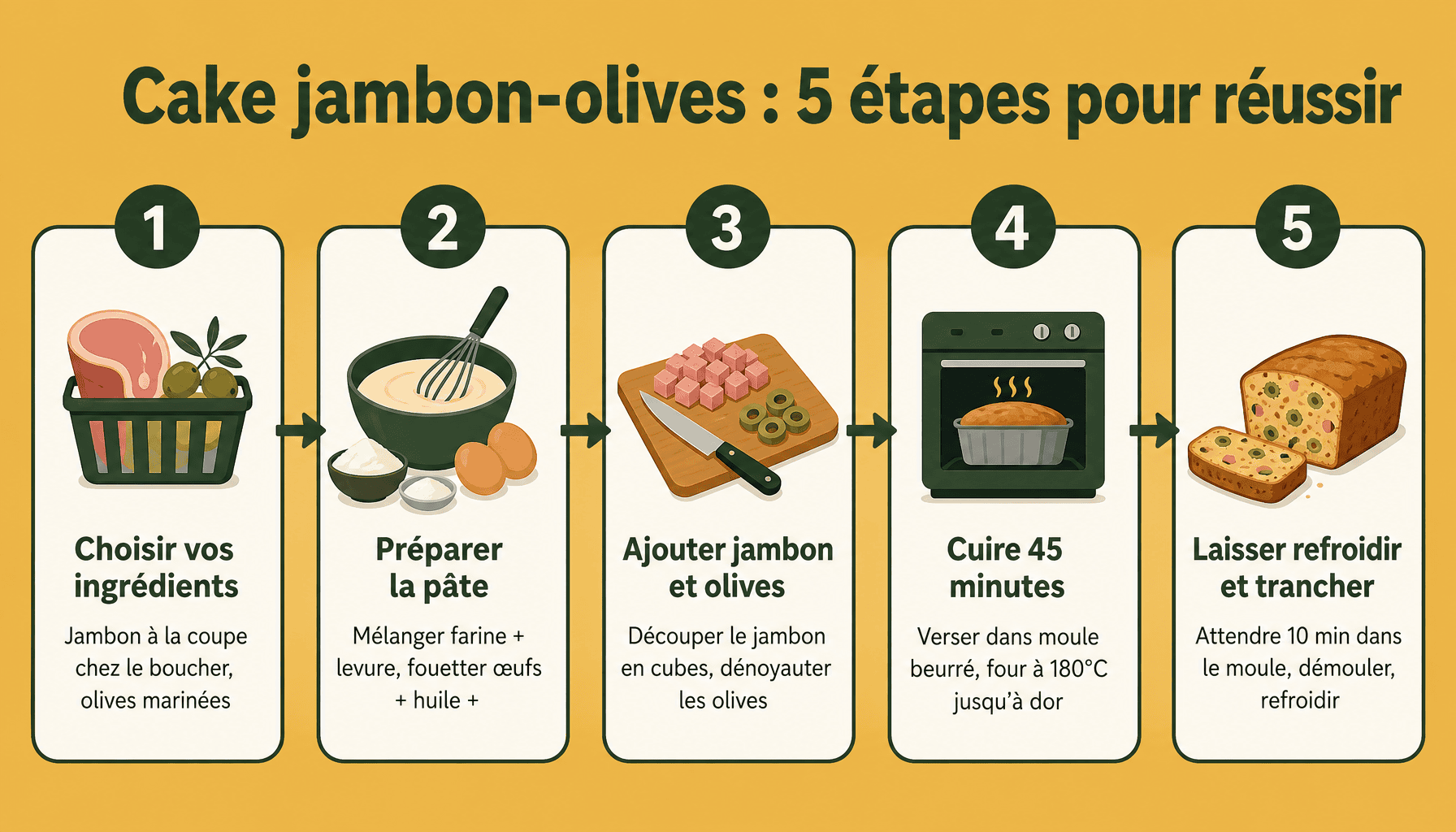 Infographie des 5 étapes pour préparer un cake au jambon olive maison, recette facile pour débutant