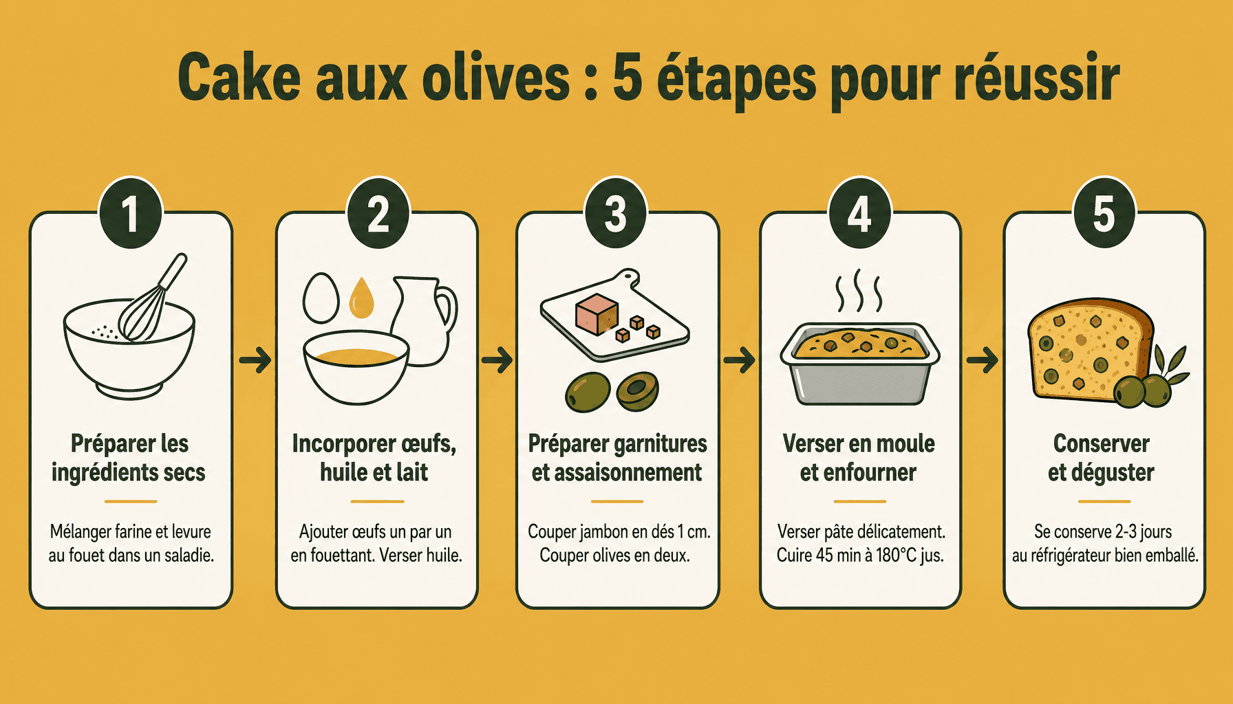 Infographie des 5 étapes pour préparer un cake aux olives maison réussi