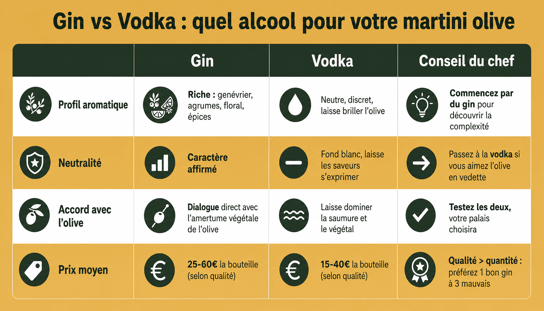 Comparaison gin vodka pour martini olive : arômes, neutralité, prix, accords