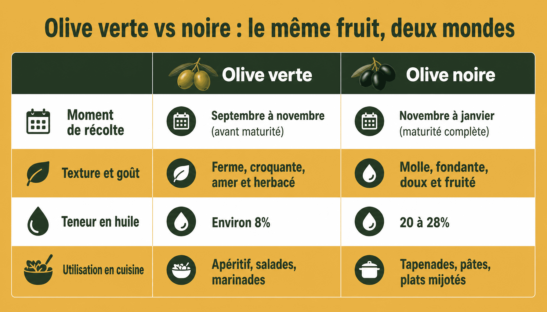 Comparaison olive verte et olive noire : récolte, texture, goût, huile