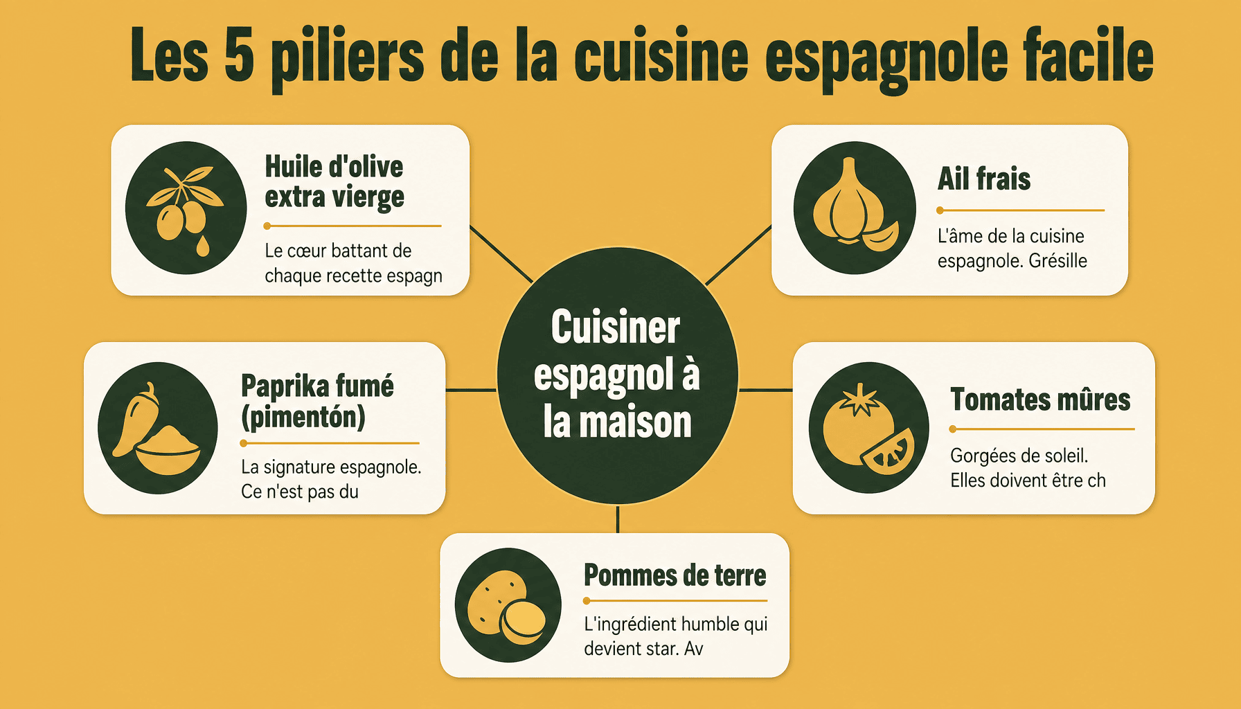 Infographie des 5 ingrédients essentiels pour easy spanish recipes at home : huile d'olive, ail, paprika, tomates, pommes de terre