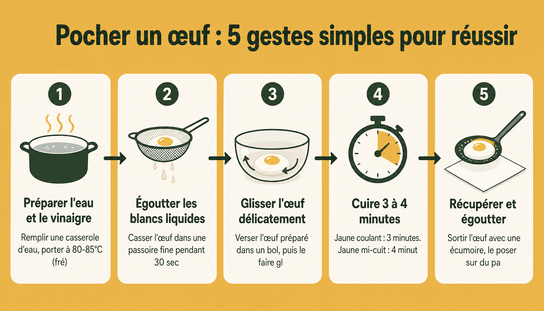 Infographie how to poach an egg : 5 étapes pour cuire un œuf poché parfait avec jaune coulant