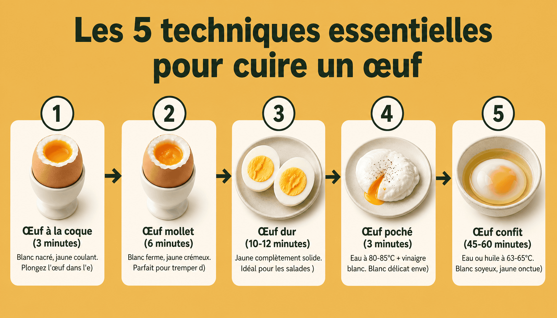 Infographie des 5 techniques de cuisson des œufs avec temps et résultats pour recette avec des oeufs