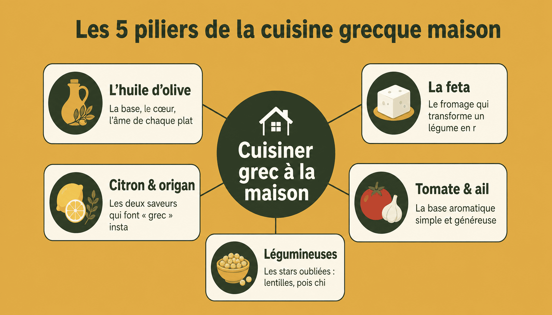 Infographie easy greek recipes at home : les 5 ingrédients essentiels et leur rôle