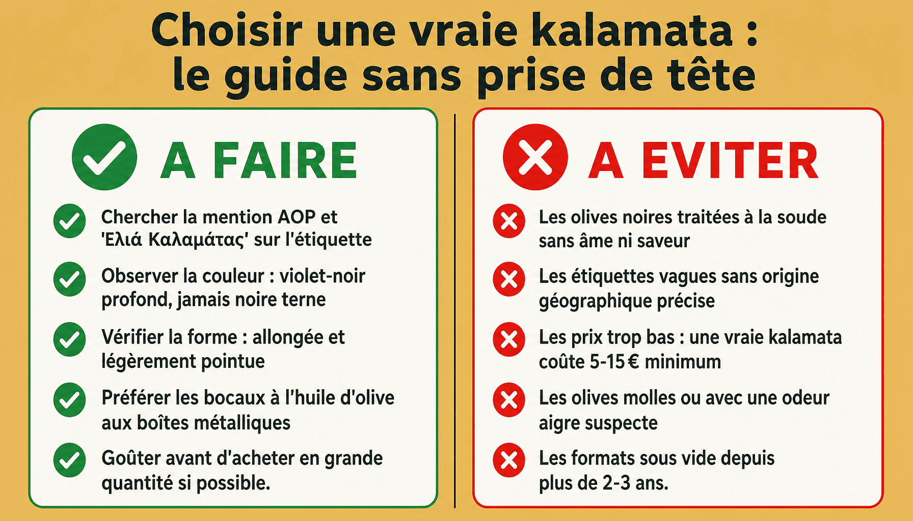 Infographie olive kalamata : comment bien choisir, erreurs à éviter, critères AOP