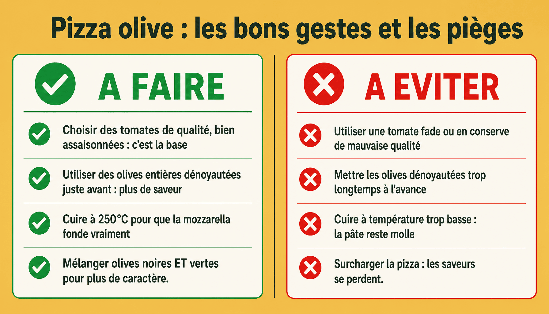 Infographie pizza olive : conseils pour réussir sa recette maison avec olives noires ou vertes