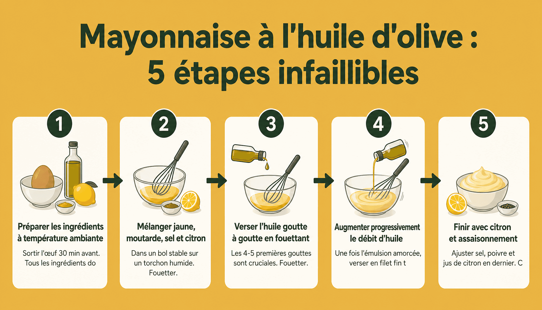 Infographie des 5 étapes pour réussir sa mayonnaise à l'huile d'olive maison