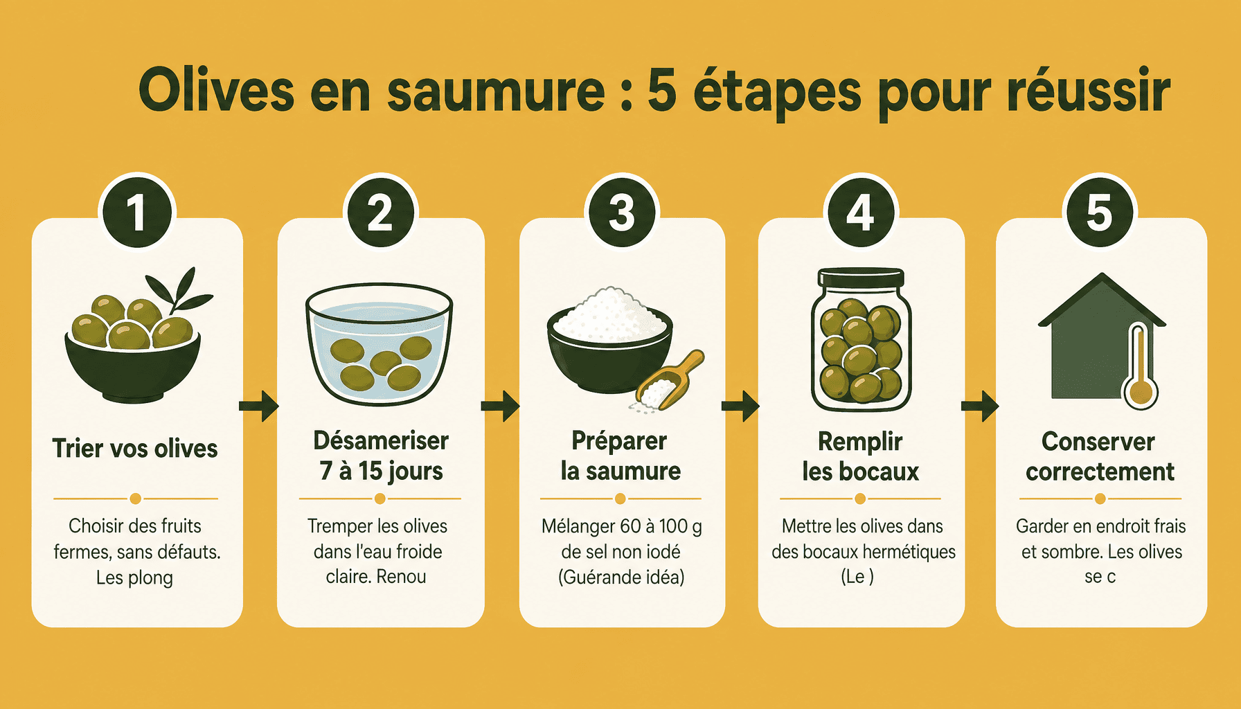 Infographie des 5 étapes pour préparer des olives en saumure maison : tri, désamerisation, saumure, fermentation, conservation