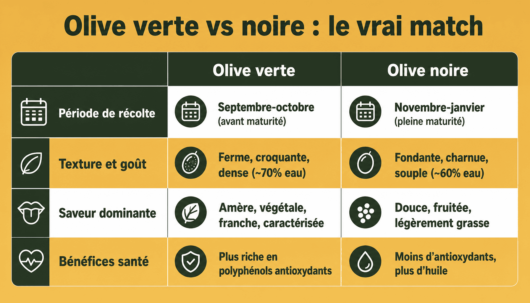 Comparaison olive verte olive noire : récolte, texture, saveur et santé
