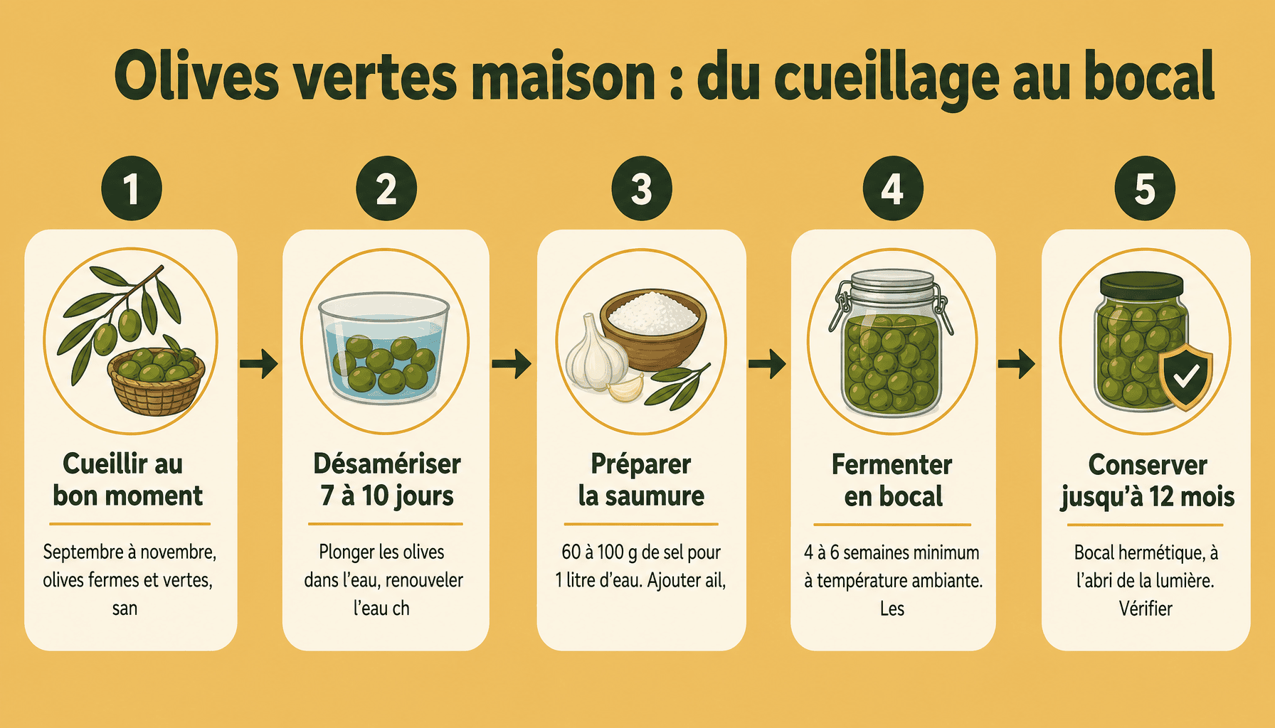 Infographie étapes recette olive verte maison : cueillette, désamérisation, saumure, fermentation, conservation