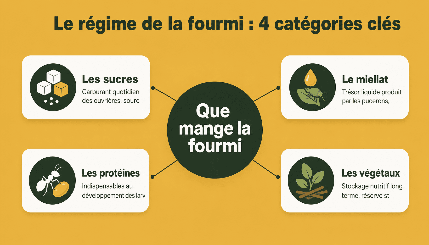 Infographie : que mange la fourmi - décomposition des 4 sources alimentaires principales (sucres, protéines, végétaux, miellat)