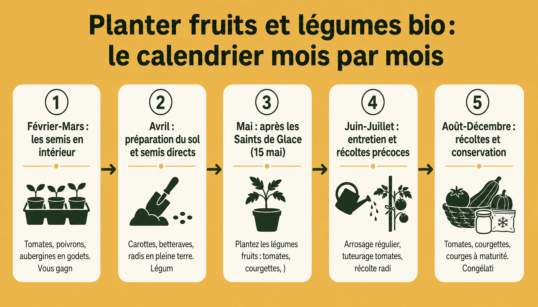Infographie quoi planter fruits légumes org : 5 étapes du semis à la récolte selon les saisons