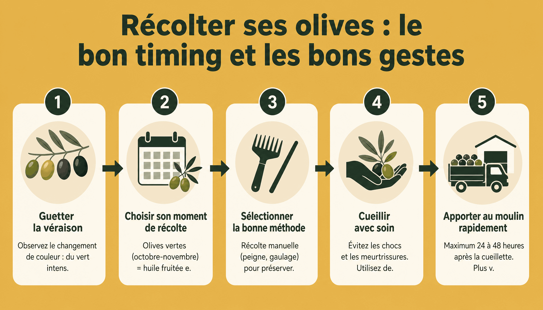 Guide en 5 étapes pour bien récolter ses olives : véraison, timing, méthodes et conservation
