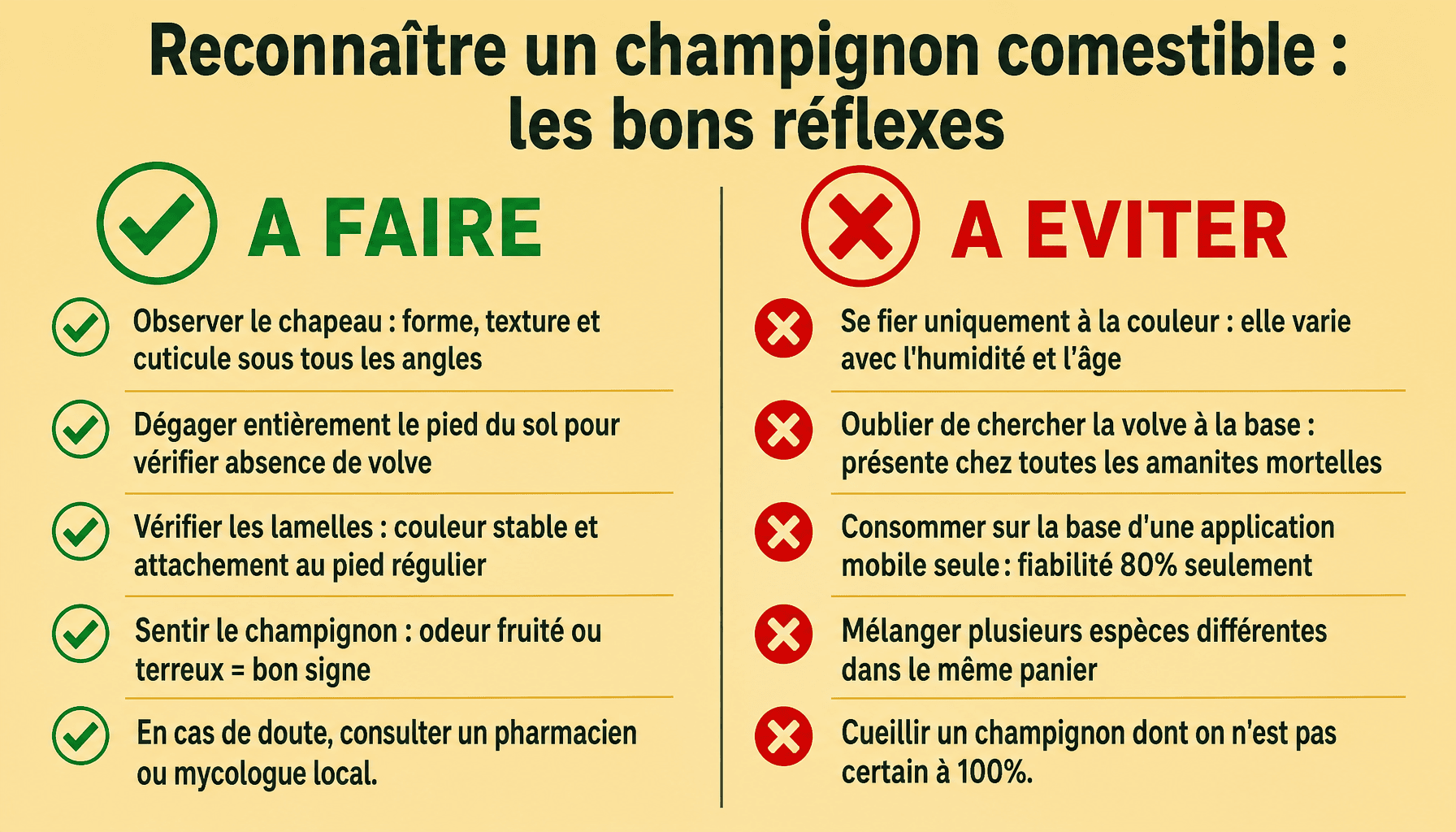 Infographie pour reconnaître champignon comestible : critères à vérifier et erreurs à éviter