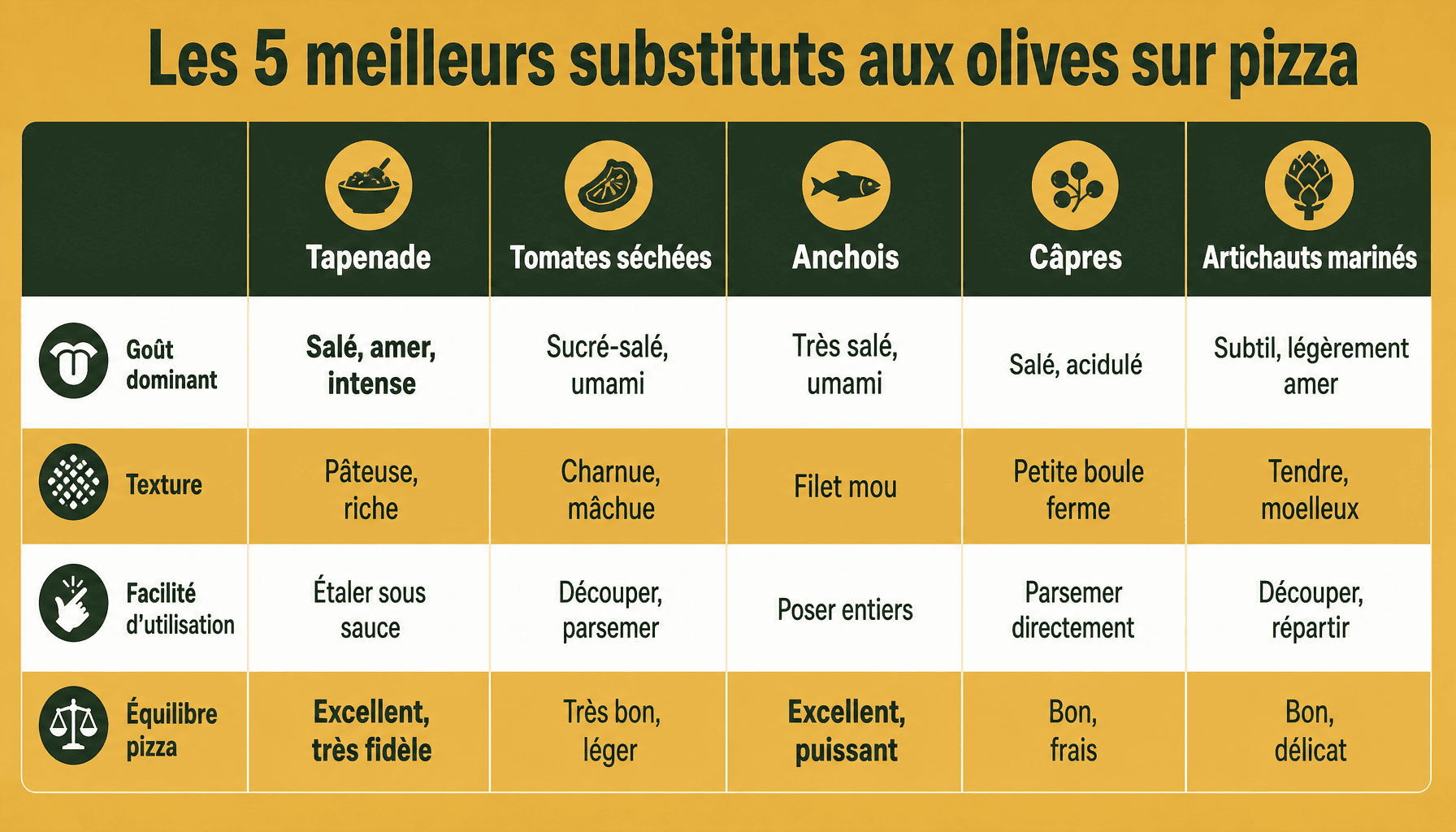 Tableau comparatif pour remplacer les olives pizza : tapenade, tomates séchées, anchois, câpres, artichauts