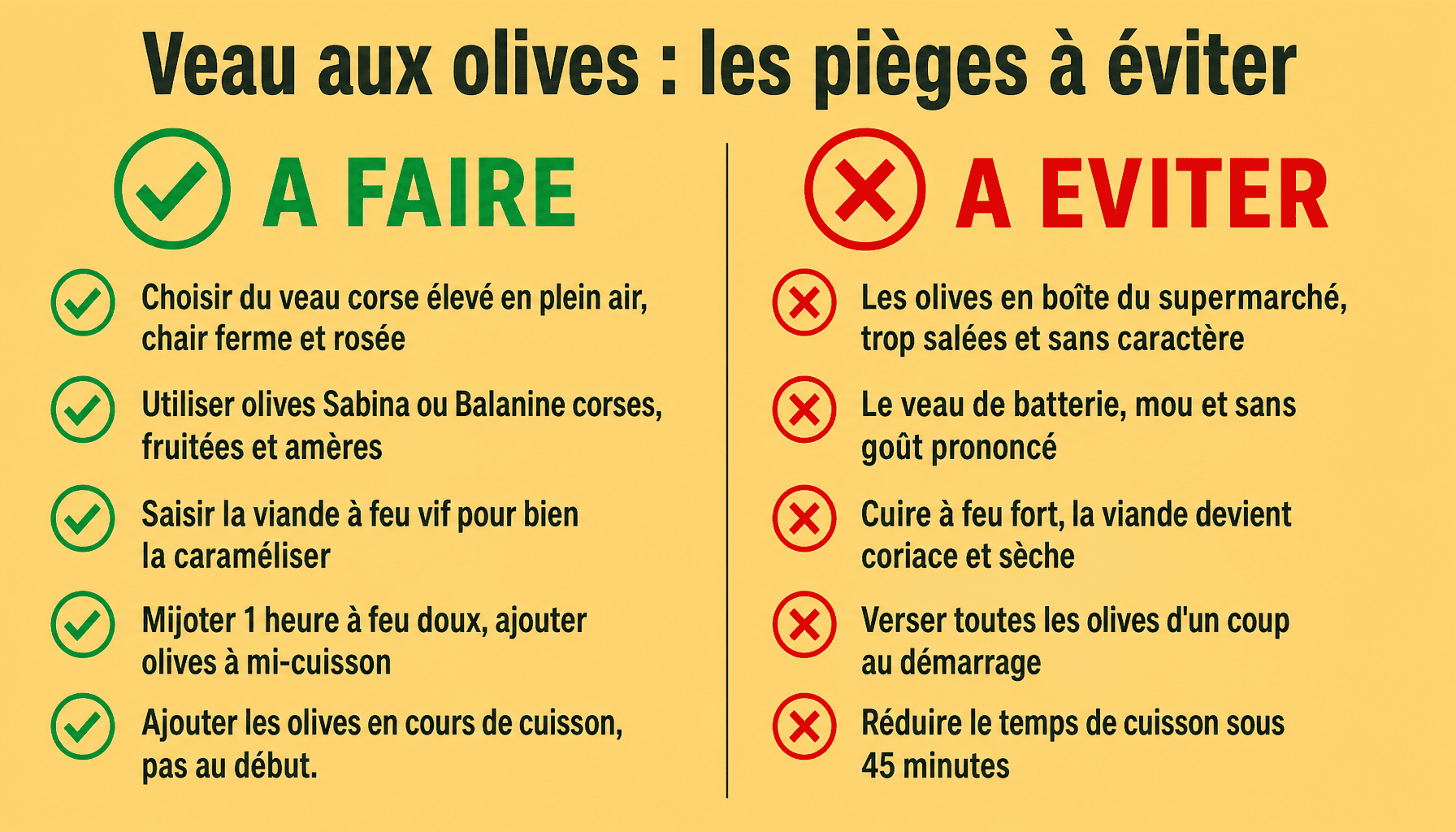 Infographie des erreurs à éviter pour réussir le veau aux olives corse traditionnel en cocotte