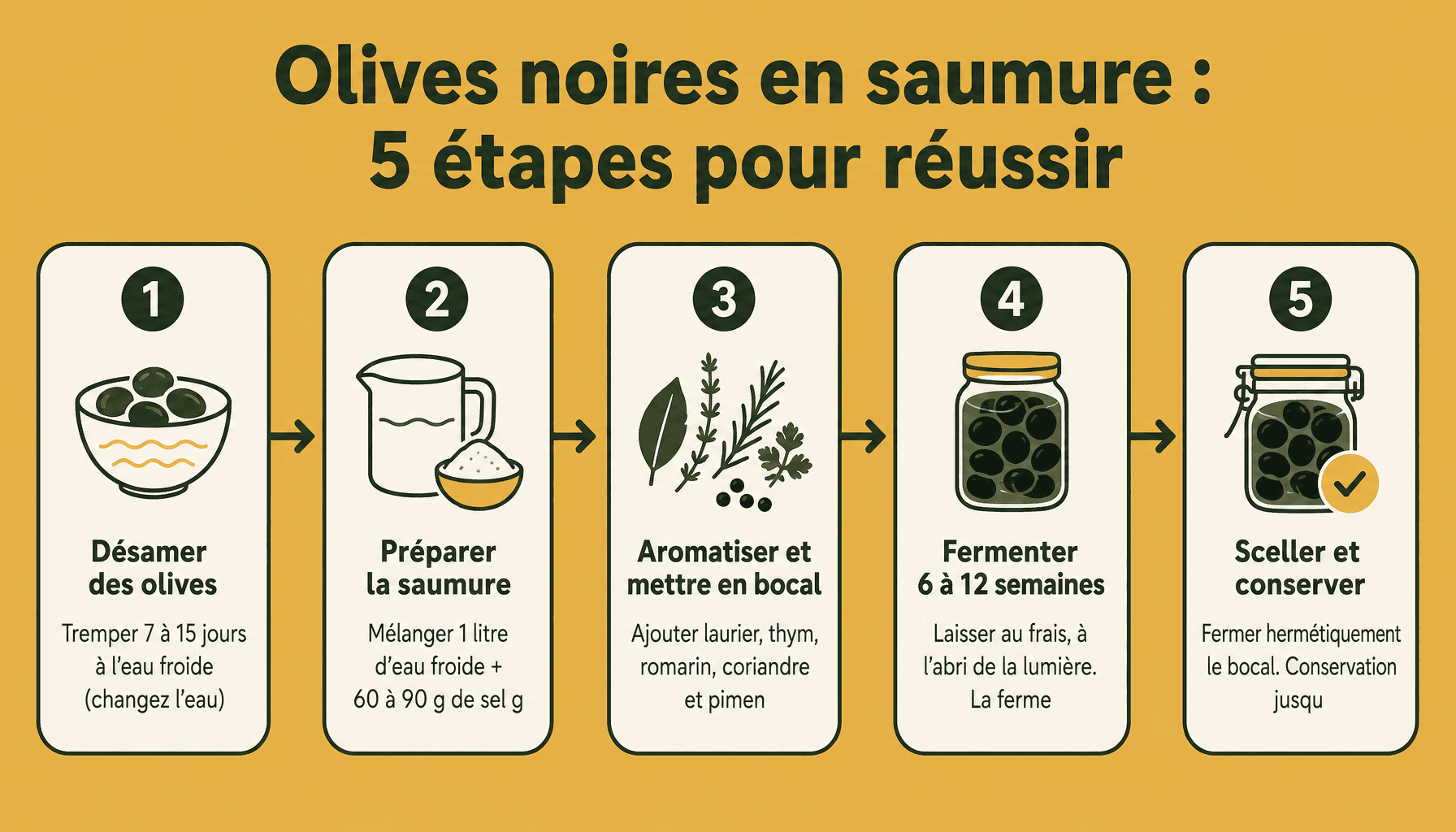 Infographie des 5 étapes pour préparer des olives noires en saumure maison avec fermentation réussie