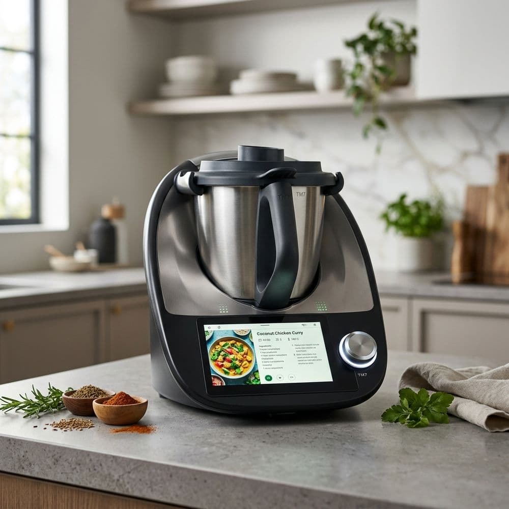 La nueva Thermomix TM7 con su pantalla panorámica y diseño aeroespacial en una cocina moderna