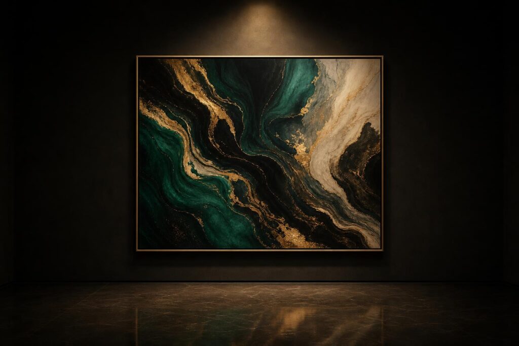 Tableau abstrait émeraude et or