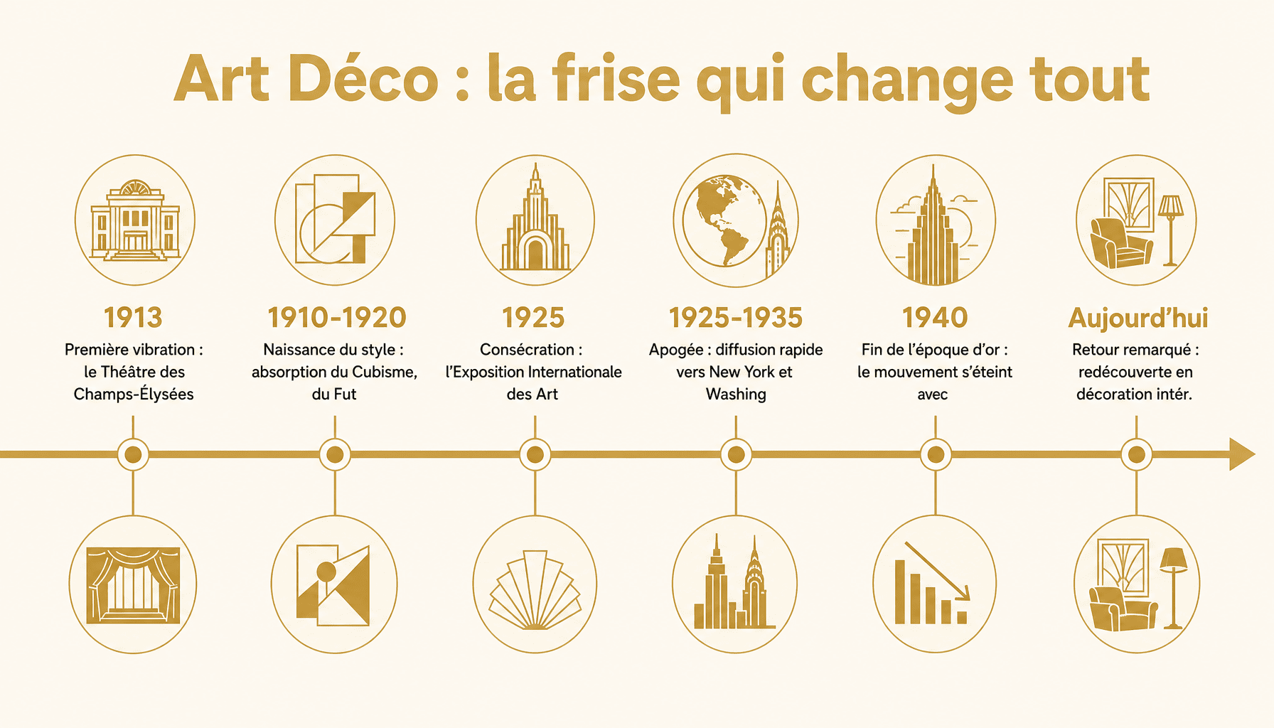 Frise chronologique du mouvement art deco painting style de 1910 à 1940, ses origines et évolution