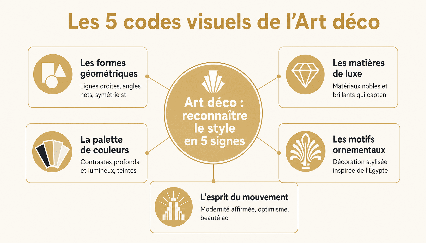 Infographie deco art deco : les 5 elements cles du style geometrique, luxe et couleurs