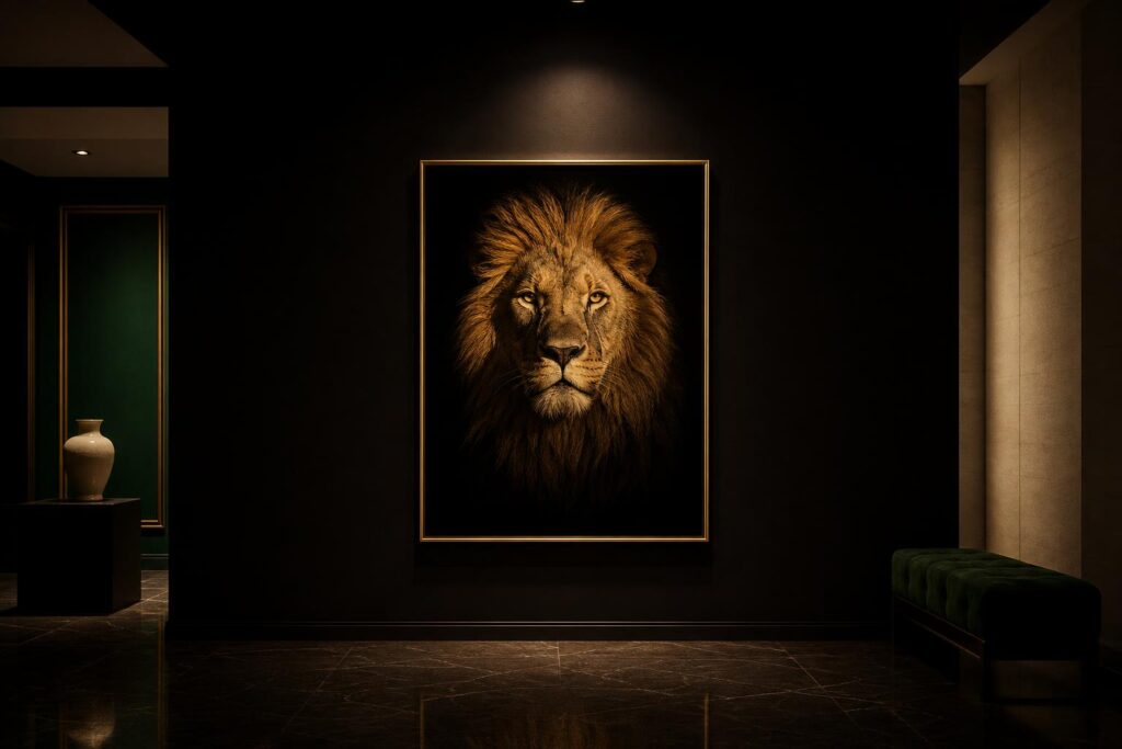 Portrait lion noir et or
