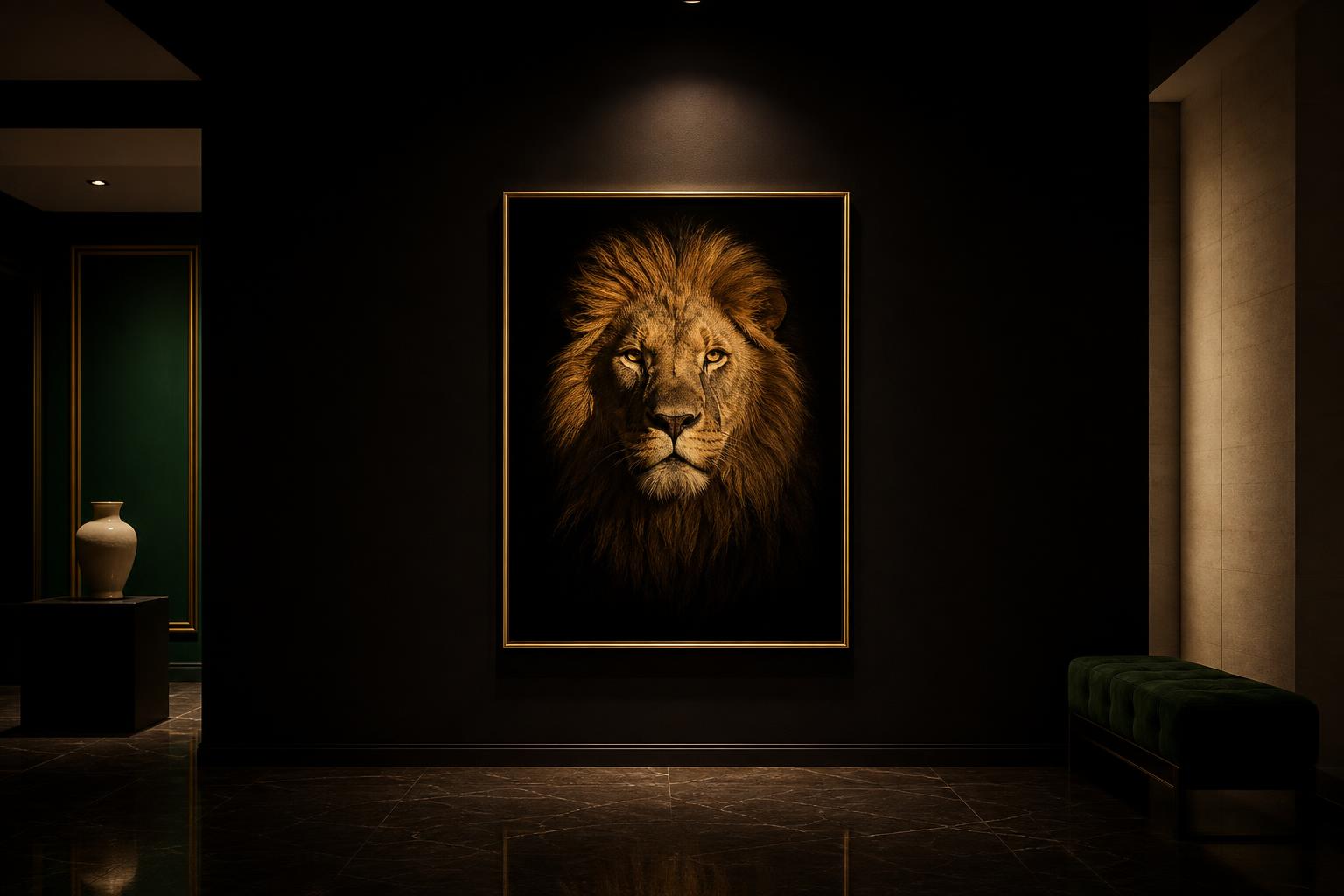 Portrait lion noir et or