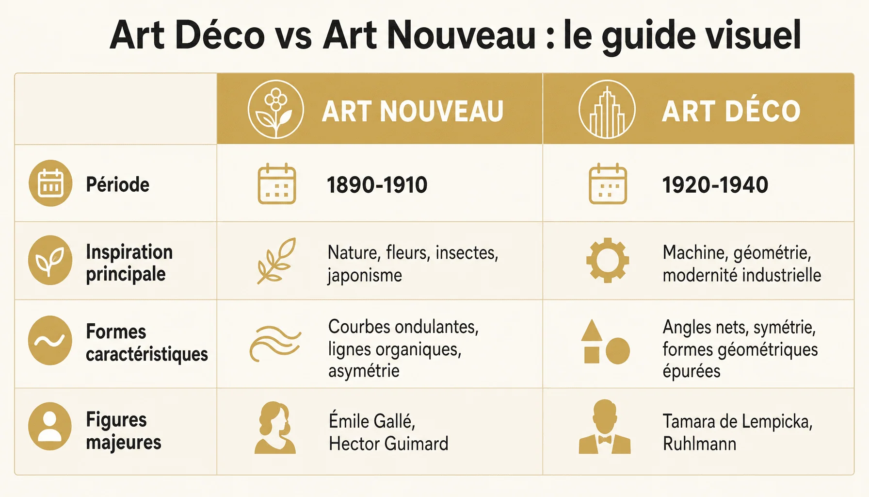 Comparaison art deco vs art nouveau : périodes, formes, inspirations et figures clés