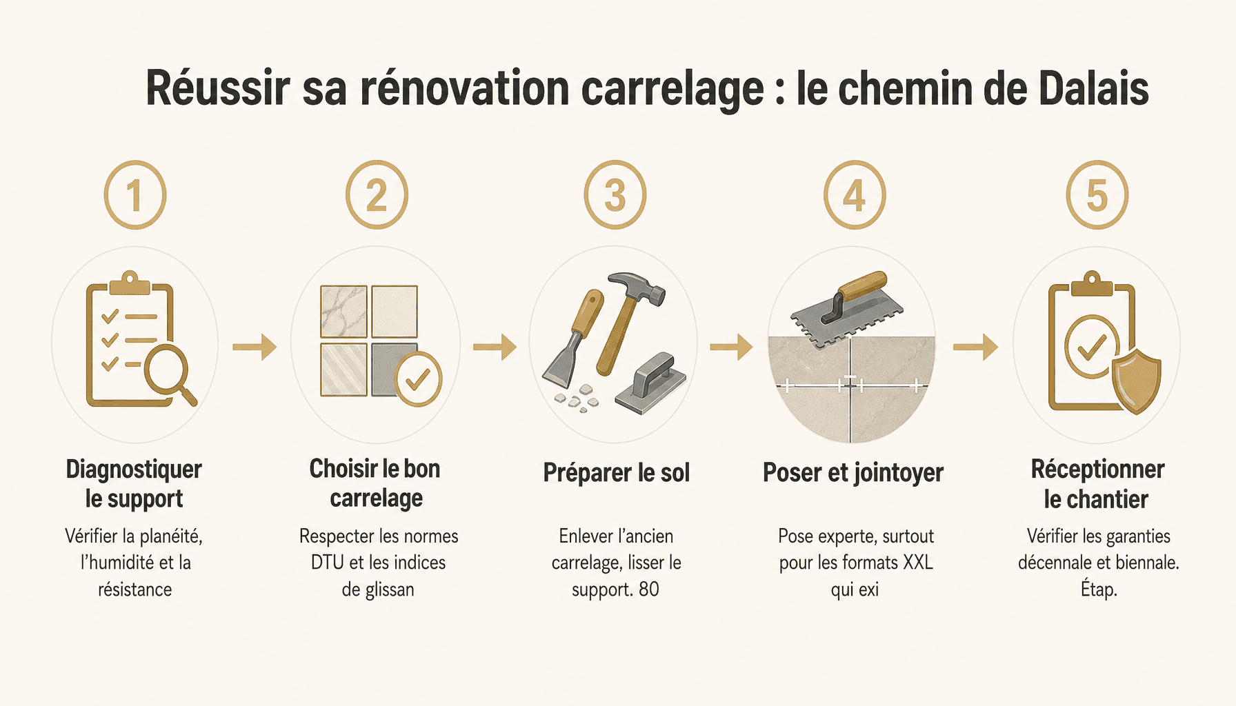 Infographie 5 étapes pour réussir sa rénovation carrelage avec Dalais Carreleur