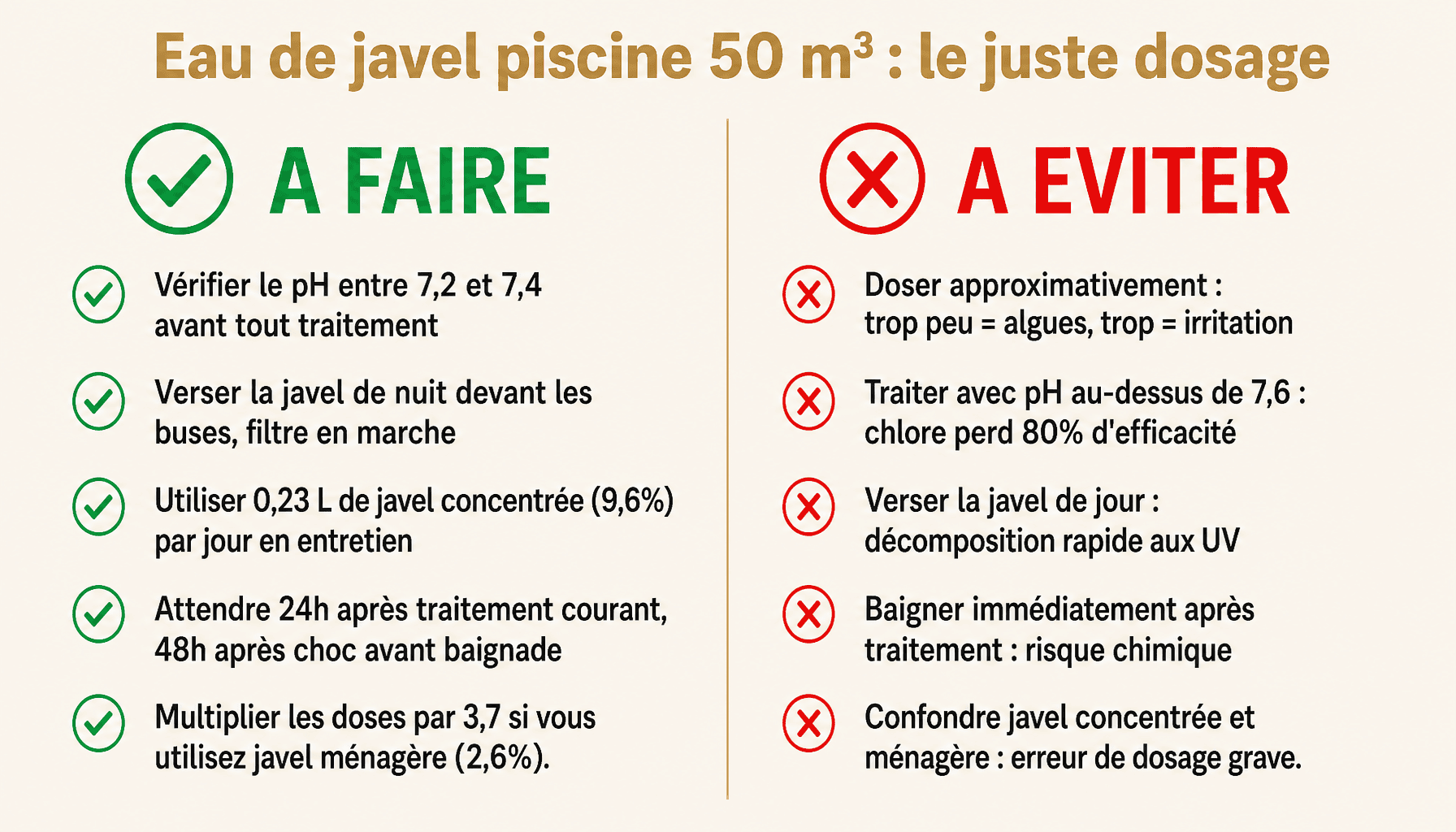 Guide dose eau de javel pour piscine 50 m3 : à faire et à éviter pour eau cristalline