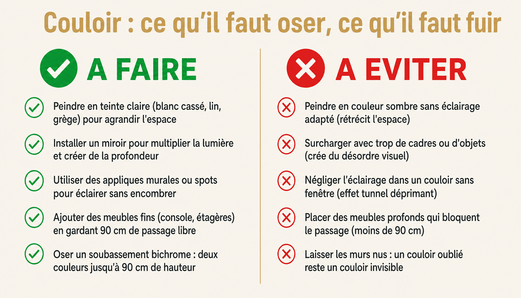 Infographie idée déco pour couloir : à faire et à éviter pour transformer ce passage en lieu de vie