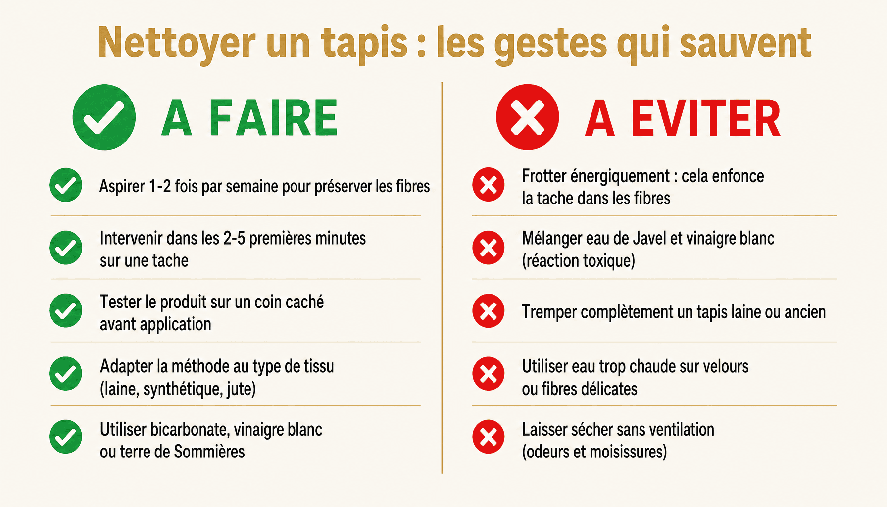 Infographie comment nettoyer un tapis : bonnes pratiques et erreurs à éviter selon le type de tissu