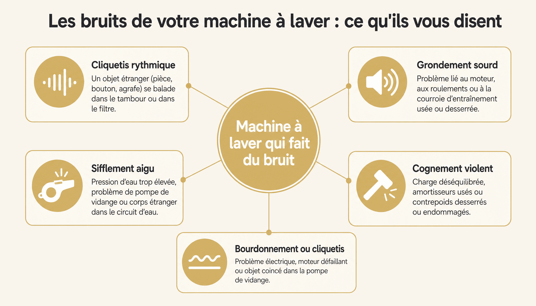 Infographie decomposant les types de bruits d'une machine a laver qui fait du bruit quand elle tourne : cliquetis, grondement, sifflement, cognement, bourdonnement