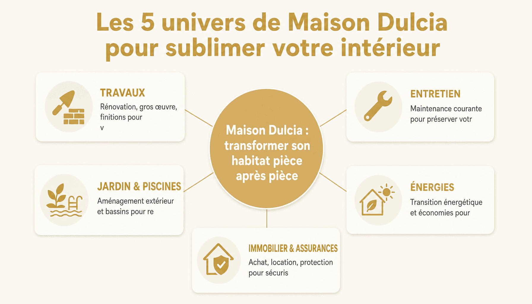 Les 5 thématiques principales de maisondulcia.fr : travaux, entretien, jardin, énergies et immobilier pour transformer votre habitat