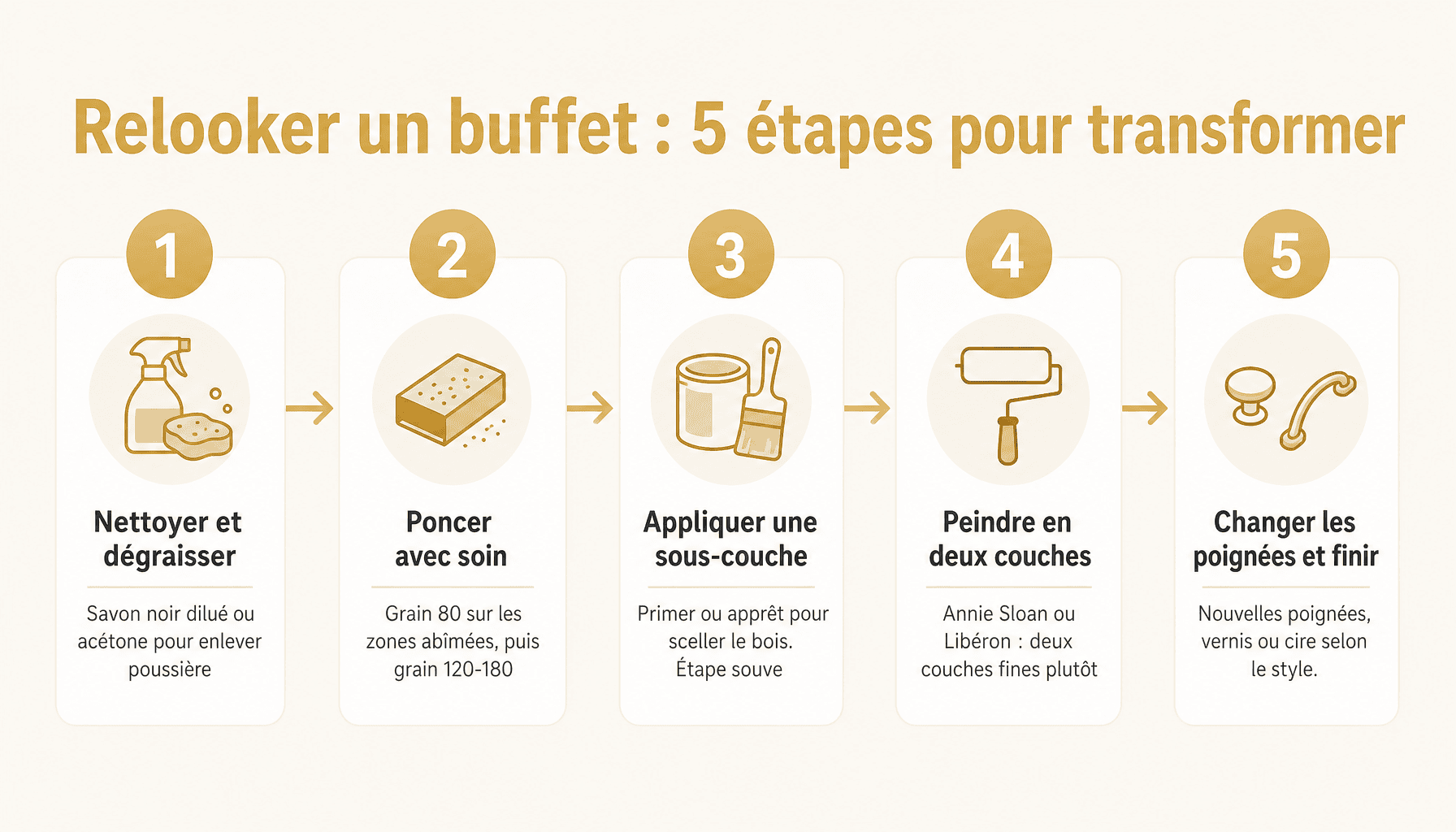 Les 5 étapes pour relooker un vieux buffet en bois : préparation, ponçage, peinture et finitions