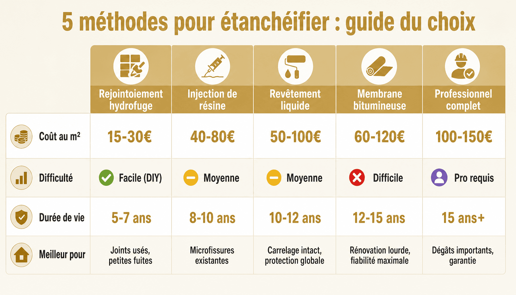 Comparaison des 5 méthodes pour étanchéifier une terrasse carrelée : coût, difficulté, durée de vie