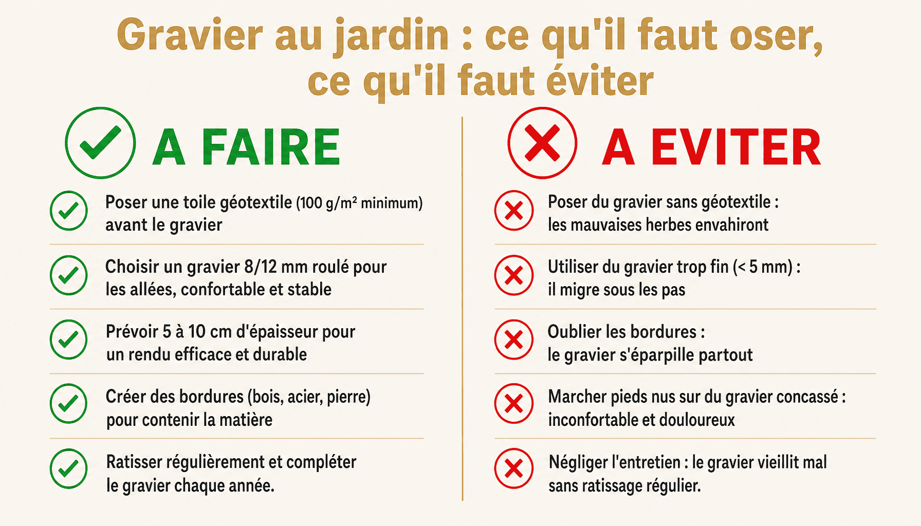 Infographie idée déco jardin gravier : bonnes pratiques et erreurs à éviter pour allées et parterres