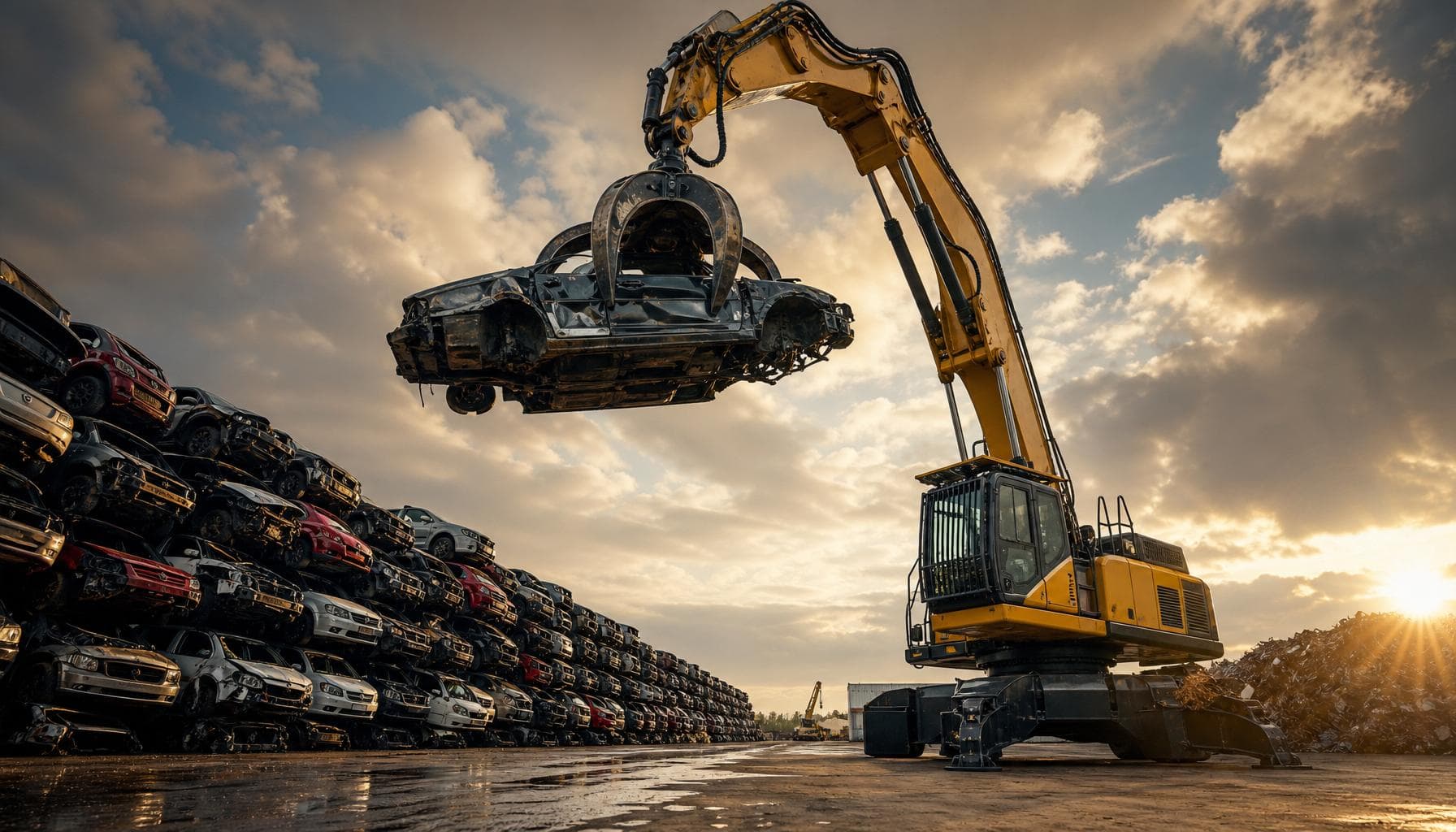 Centre VHU agréé Auto·Destruction : grue à grappin soulevant une carcasse au-dessus de rangées de véhicules en fin de vie