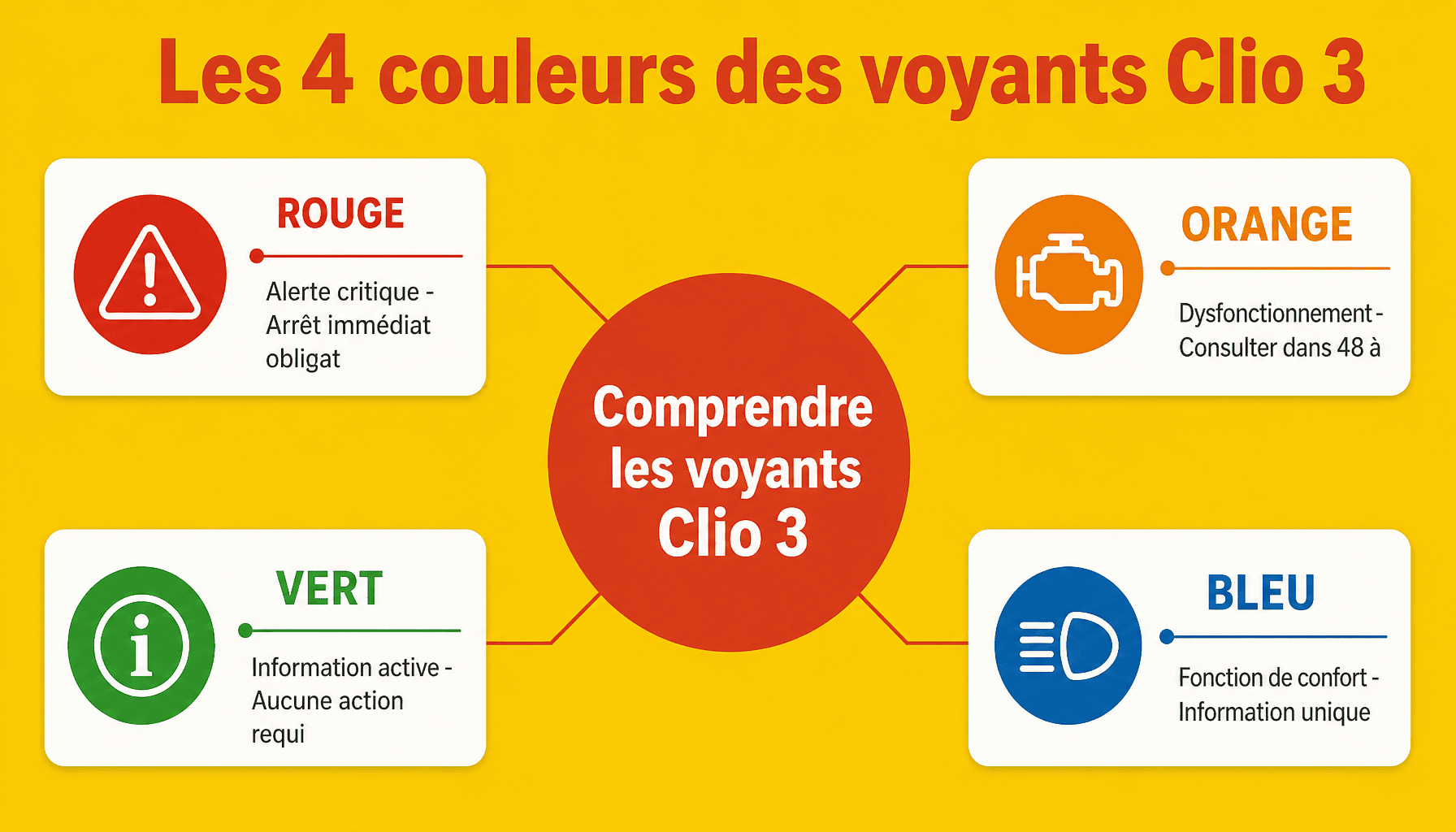 Guide des voyants Clio 3 par couleur : rouge critique, orange surveillance, vert et bleu informatifs