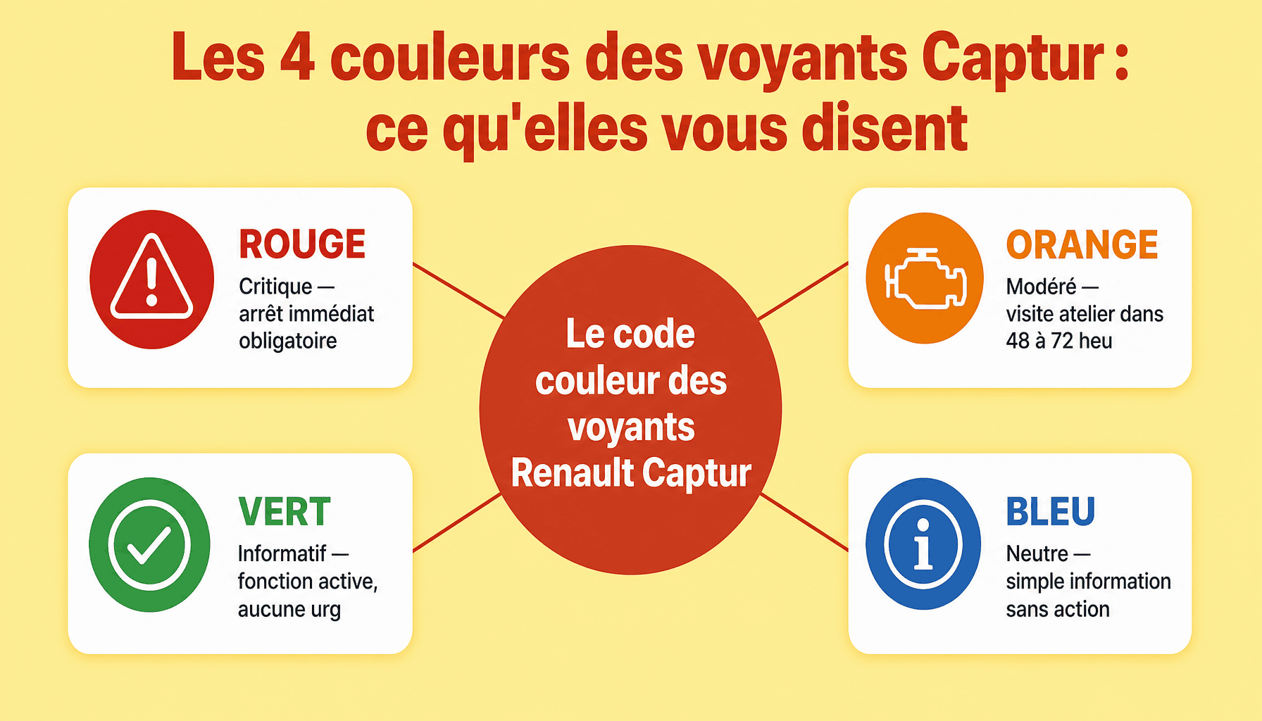 Infographie voyant tableau de bord Renault Capture : hiérarchie des 4 couleurs d'alerte et significations