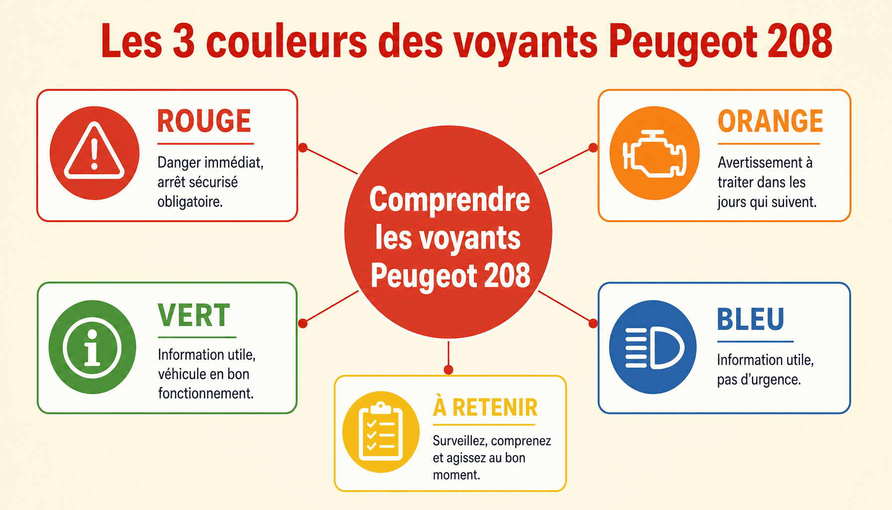 Infographie voyants Peugeot 208 : code couleur rouge orange vert pour comprendre les alertes