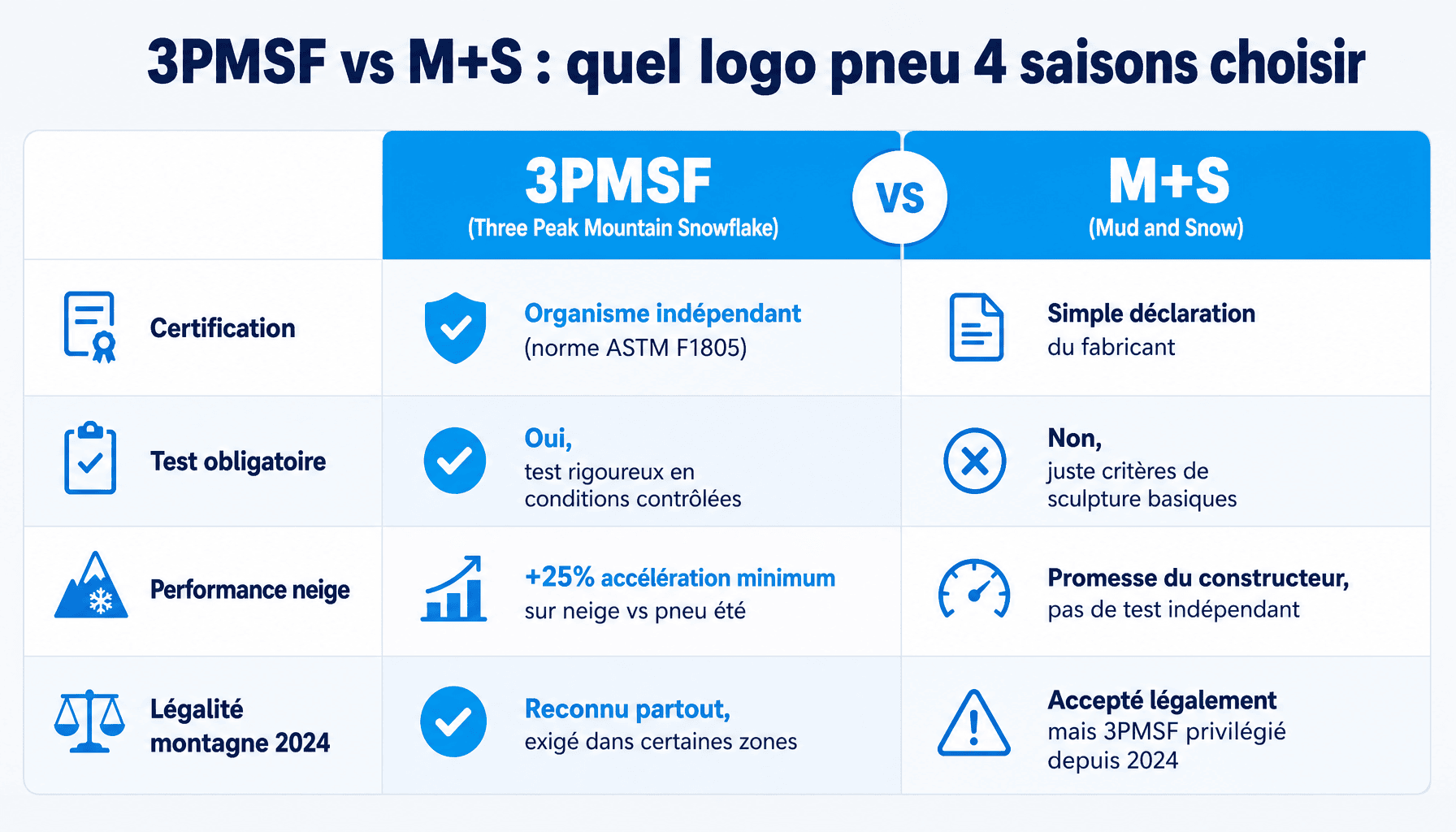Comparaison logo pneu 4 saisons 3PMSF et M+S : certification, test, performance neige