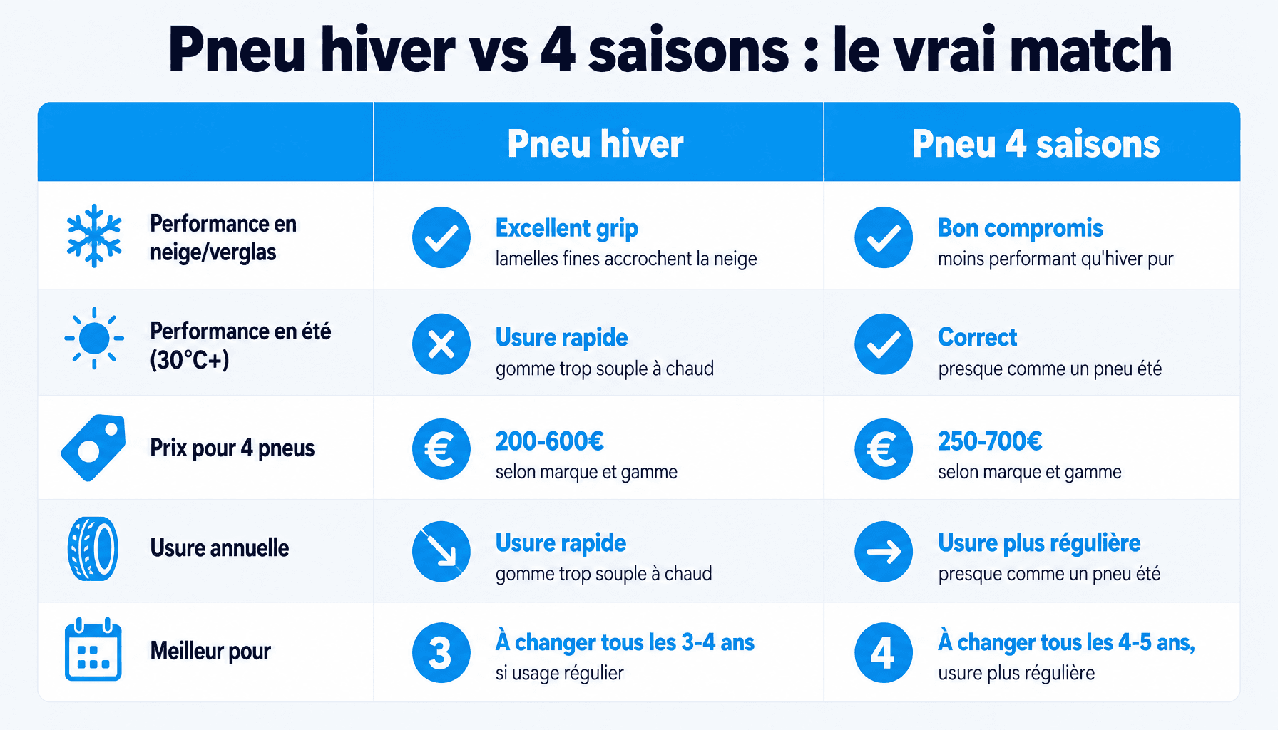 Comparaison pneu hiver ou 4 saisons : performances, prix, usage selon conditions