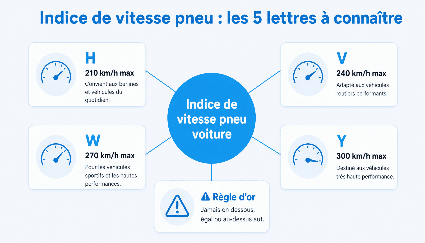 Infographie indice de vitesse pneu voiture : tableau des lettres H, V, W et leurs vitesses maximales