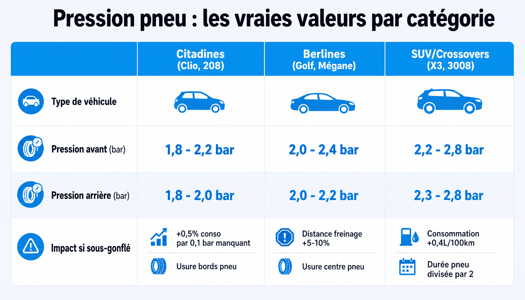 Tableau pression pneu voiture en bar : comparaison citadines, berlines, SUV avec valeurs avant/arrière