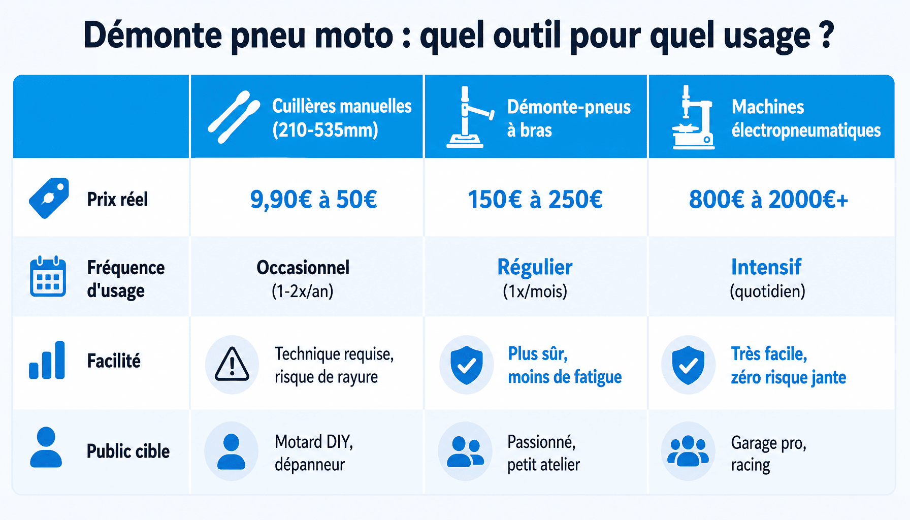 Comparaison des démonte pneus pour moto : cuillères manuelles vs machines professionnelles, prix et usage
